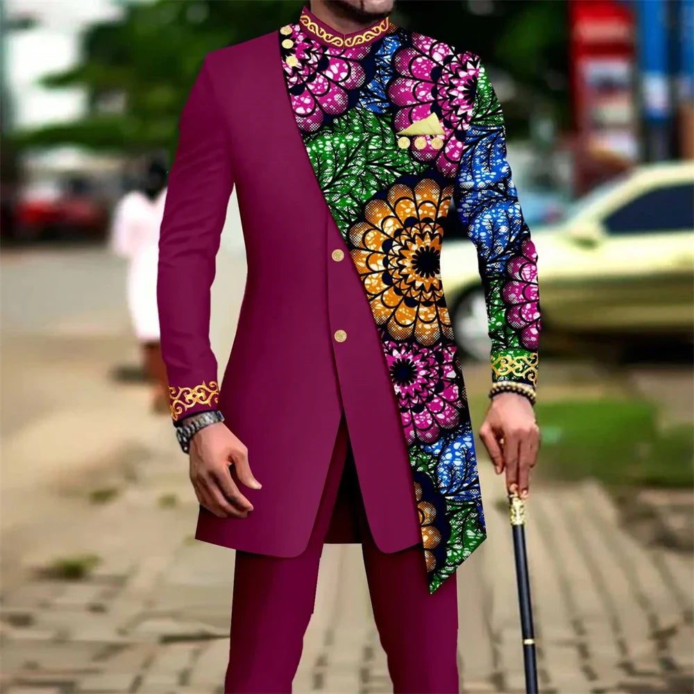 SHOWLU Men's African embroidery print suit, 2-piece slim fit wedding set with traditional design and vibrant embroidery details.