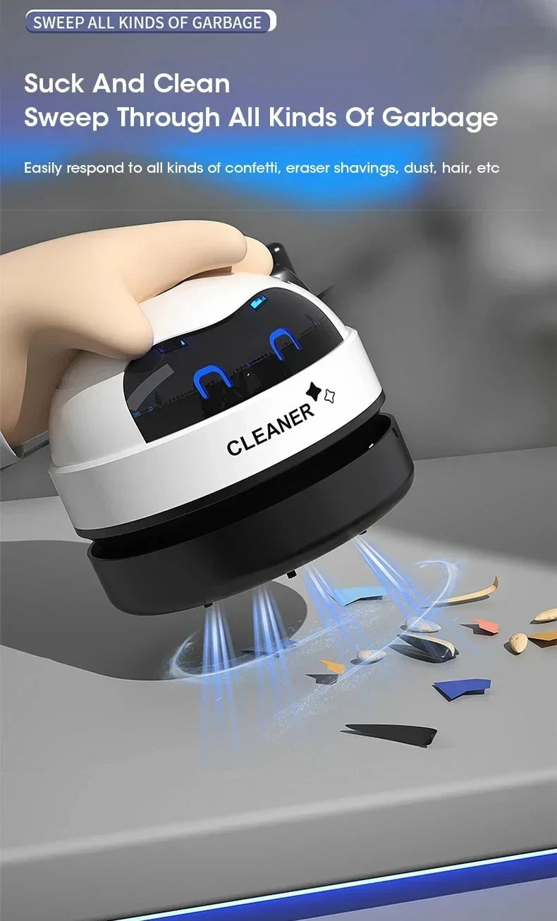 Mini USB robot desk vacuum by Showlu Smart General cleaning dust from a workspace with a compact, robotic design.