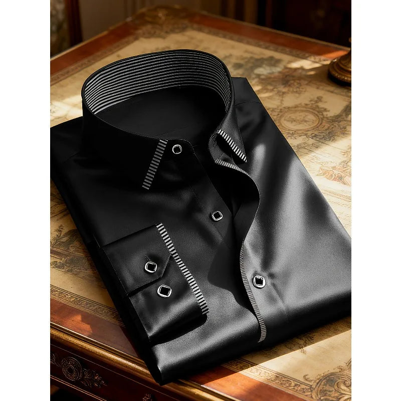 Men's patchwork fashion shirt by Showlu with long sleeves, micro elastic fabric, suitable for casual and formal wear in all seasons.