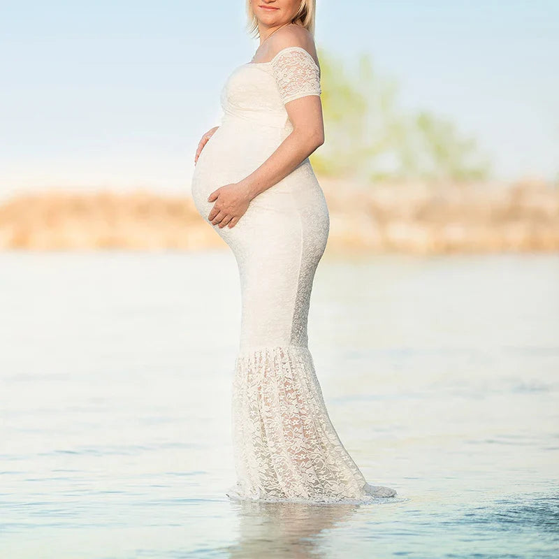 Long sleeve mermaid lace maternity photography gown by SHOWLU FASHION STORE, featuring a flowing maxi design in soft fabric.