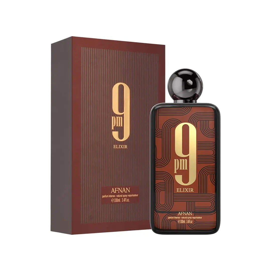 Afnan 9 PM Elixir unisex perfume bottle, 3.4 fl oz, with sleek design and elegant packaging.