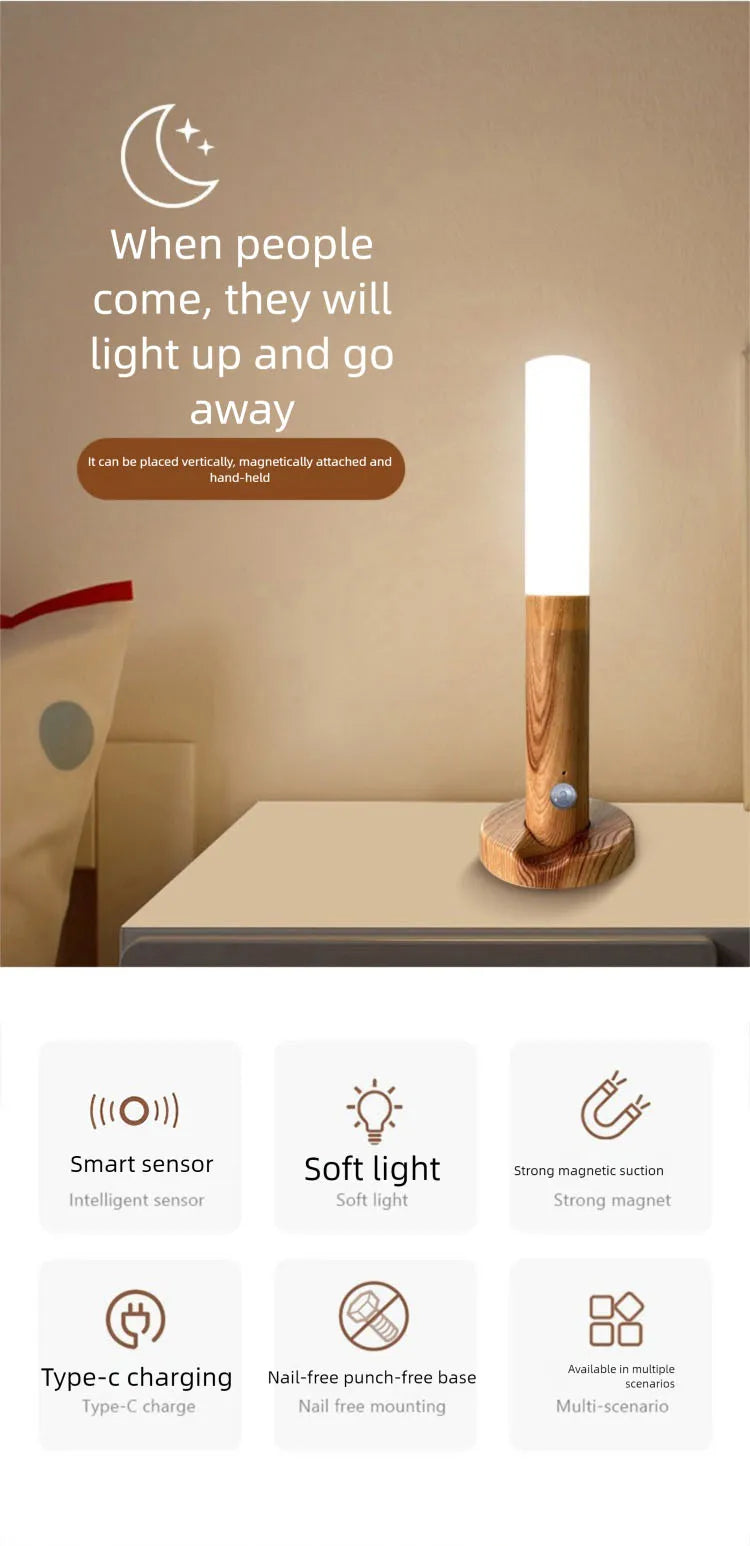 Showlu Smart Magnetic Motion Sensor LED Night Light with USB rechargeable feature, showcasing its sleek design and motion detection sensor.