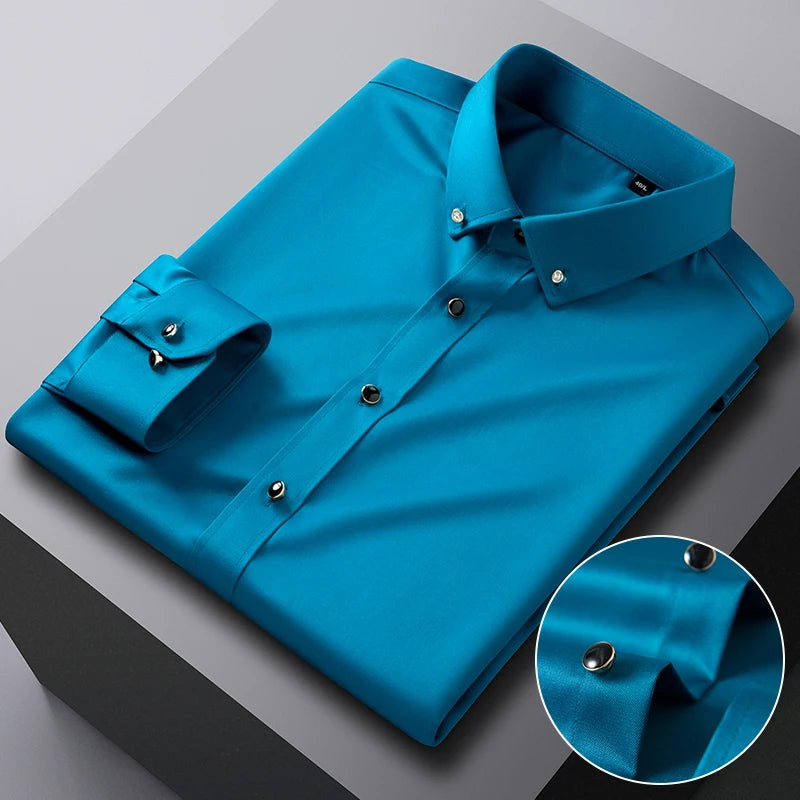 Elegant men's long sleeve dress shirt by Showlu Fashion with silk-feel fabric and diamond buttons, suitable for formal occasions.