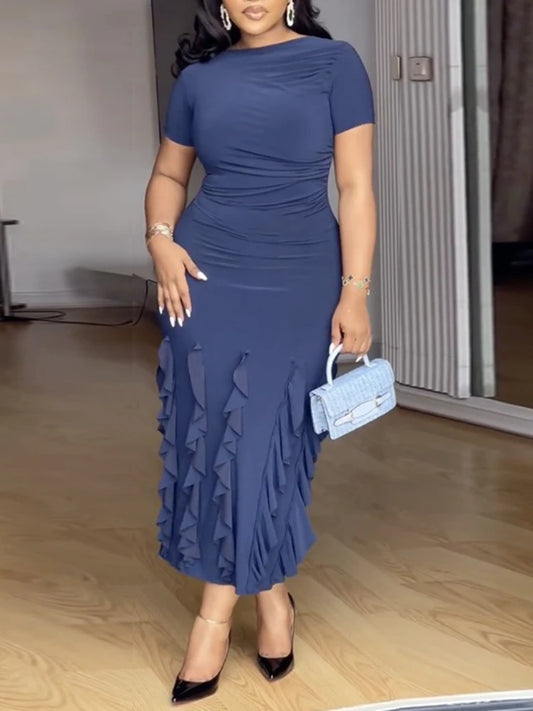 Short Sleeve Midi Dress for Women with Folds and Layered Ruffle Hem Perfect for Dinner Dates Evening Party or Semi Formal Events