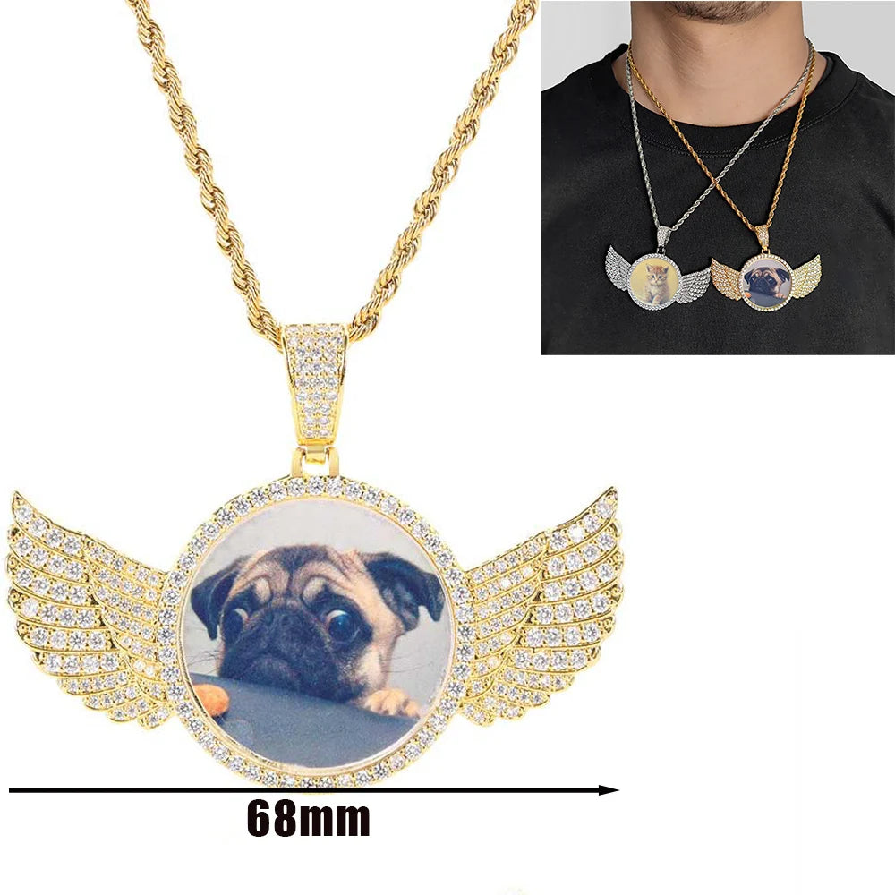 Custom angel wing round photo necklace for men and women with personalized pendant and tennis chain, featuring a custom picture charm.