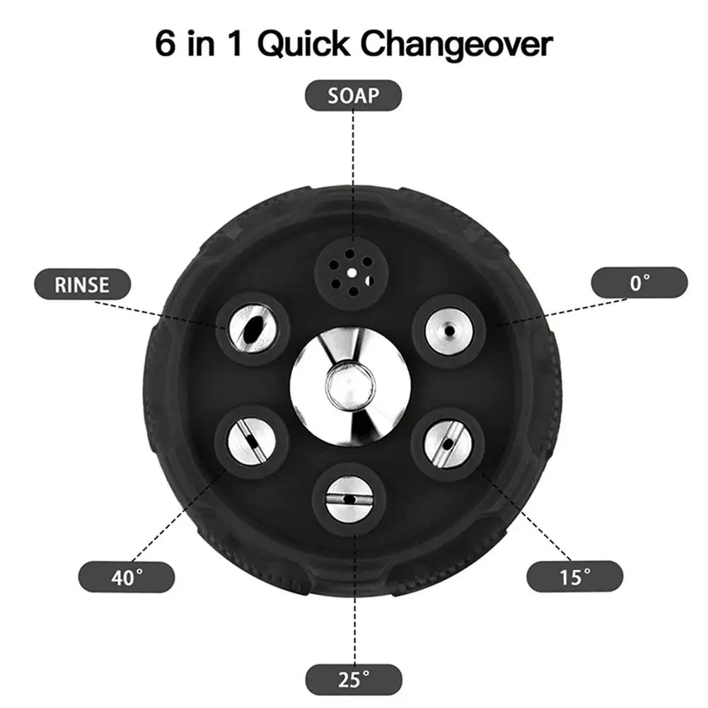 Showlu Smart General 6-in-1 adjustable pressure washer nozzle showing different spray settings on the nozzle head.