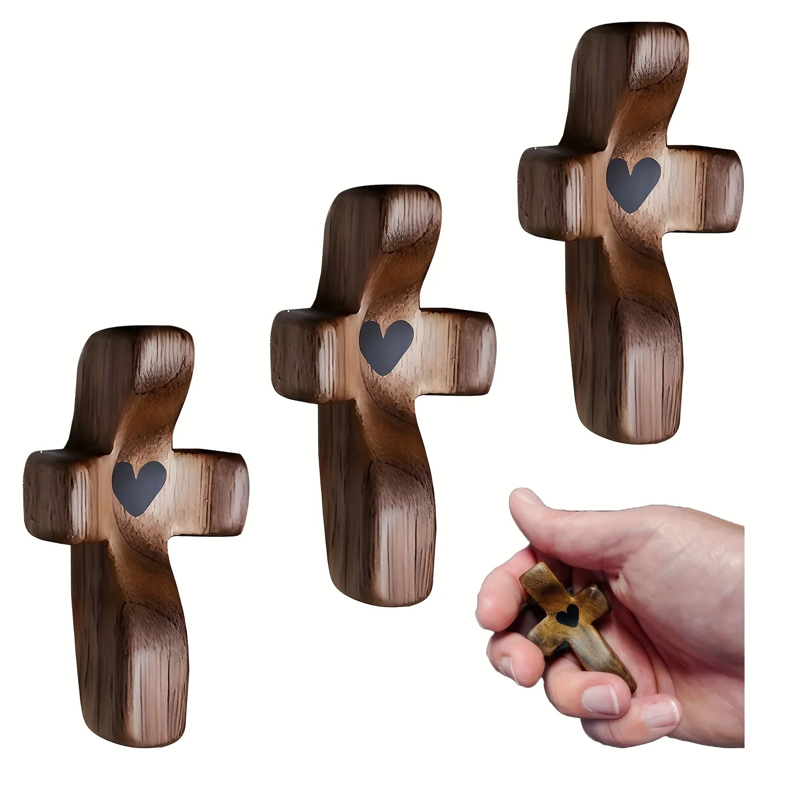 Showlu wooden pocket cross with heart design, fingertip stress relief stress relief gift, portable wooden religious accessory