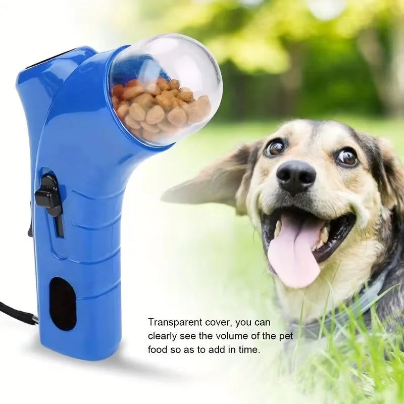 Showlu Smart General dog treat launcher toy for interactive training with a handheld device and treats in a backyard setting.