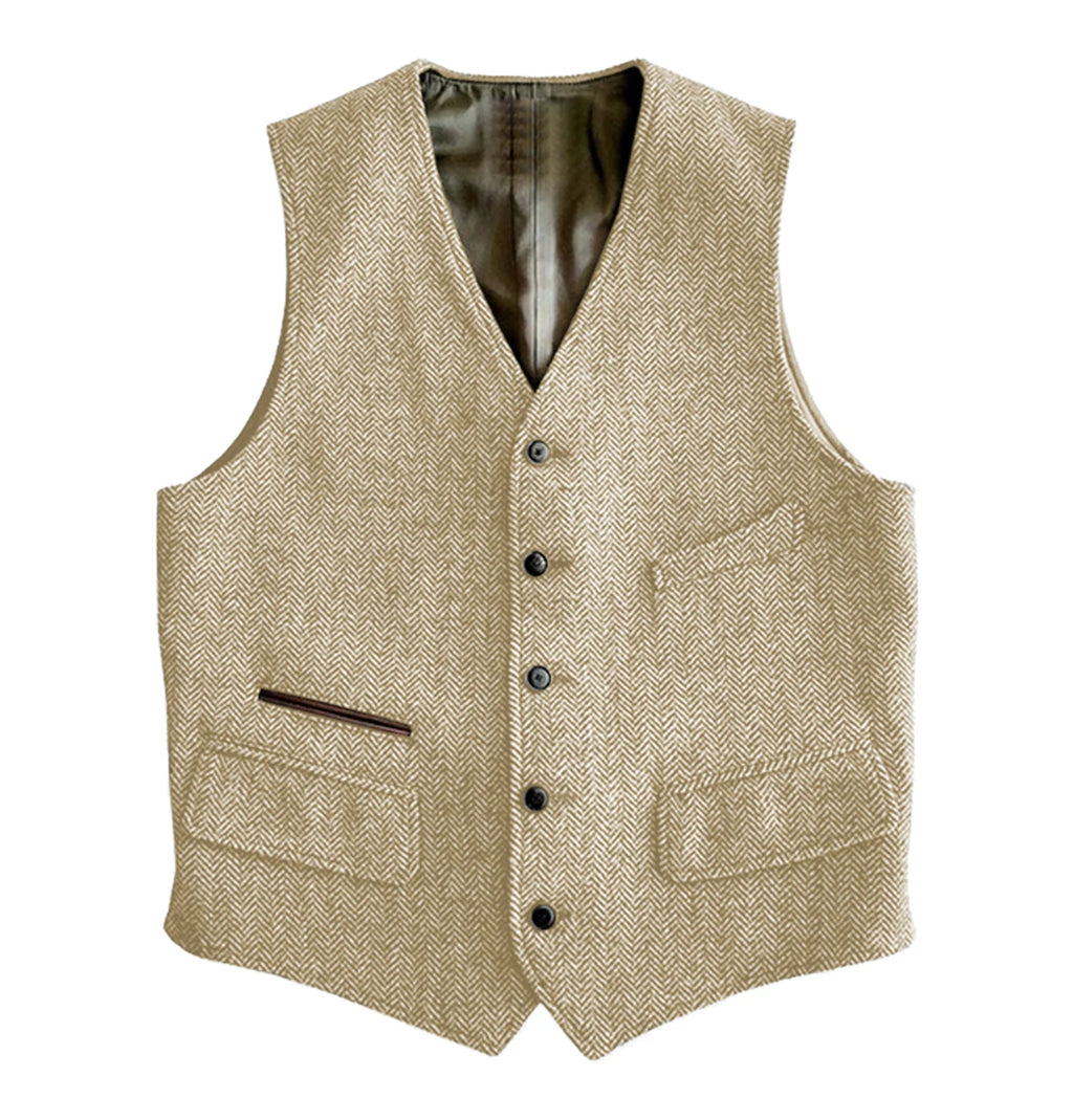 Men's Vest Male Slim Fit Herringbone Fabric Waistcoat Elegant Tweed Vest for Wedding Groomsmen
