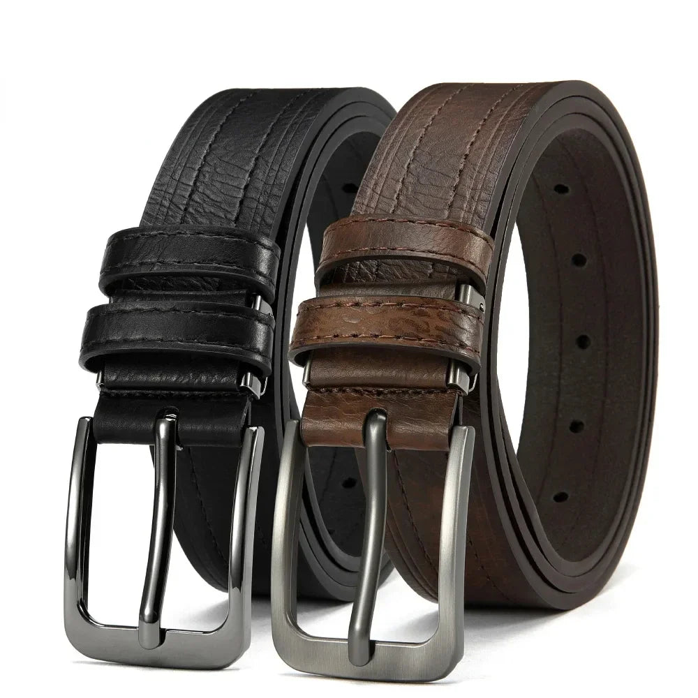 Showlu Men's vintage PU leather casual pin buckle jean belt with brown strap and metal buckle, stylish and durable accessory for everyday wear.