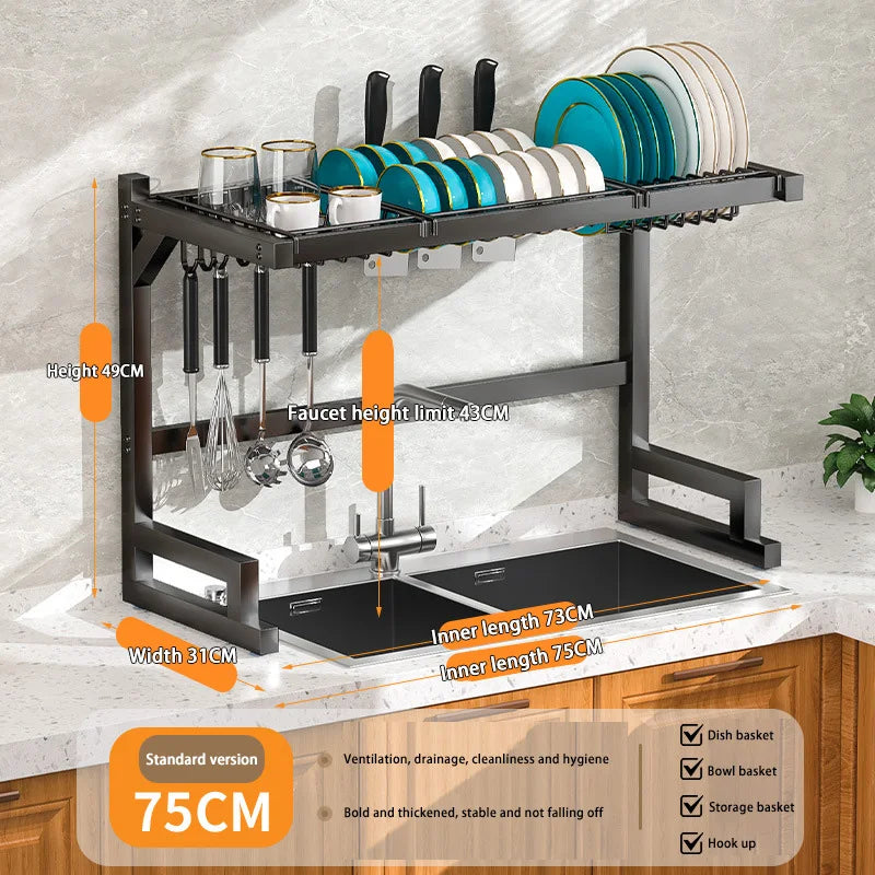 Stainless steel kitchen sink dish drain rack with utensil holder, showing organized drying area and modern design for SHOWLU FASHION STORE