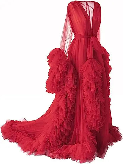 Deep V-neck lace maternity dress with tulle, long sleeves, feather details, and hollow horn accents, ideal for photo shoots.