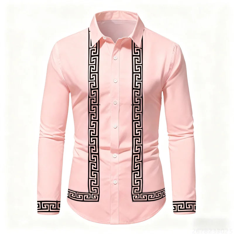 Men's retro geometric print long-sleeve shirt in black and white with slim fit, stylish casual top from Showlu Fashion Store