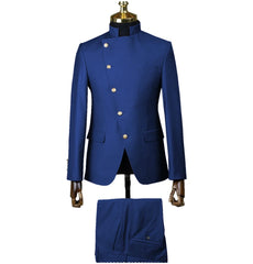 Fashion Stand Collar Men Suits 2 Piece Formal Single Breasted Smart Casual Outfits Solid Color Chic Wedding Party Slim Male Suit