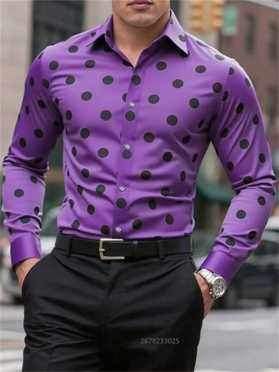 Men's long sleeve spotted lapel button-up shirt by Showlu Fashion, casual outdoor breathable comfortable fashion versatile clothing.