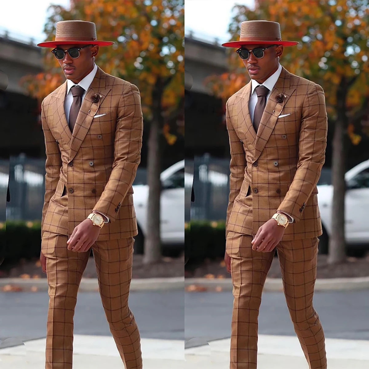 Showlu Men's plaid slim fit 2-piece suit with double-breasted blazer and matching pants, stylish formal wear for men.