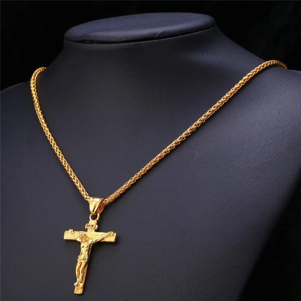 Men's gold Jesus cross pendant necklace featuring personalized religious design, fashionable jewelry gift with intricate cross details.