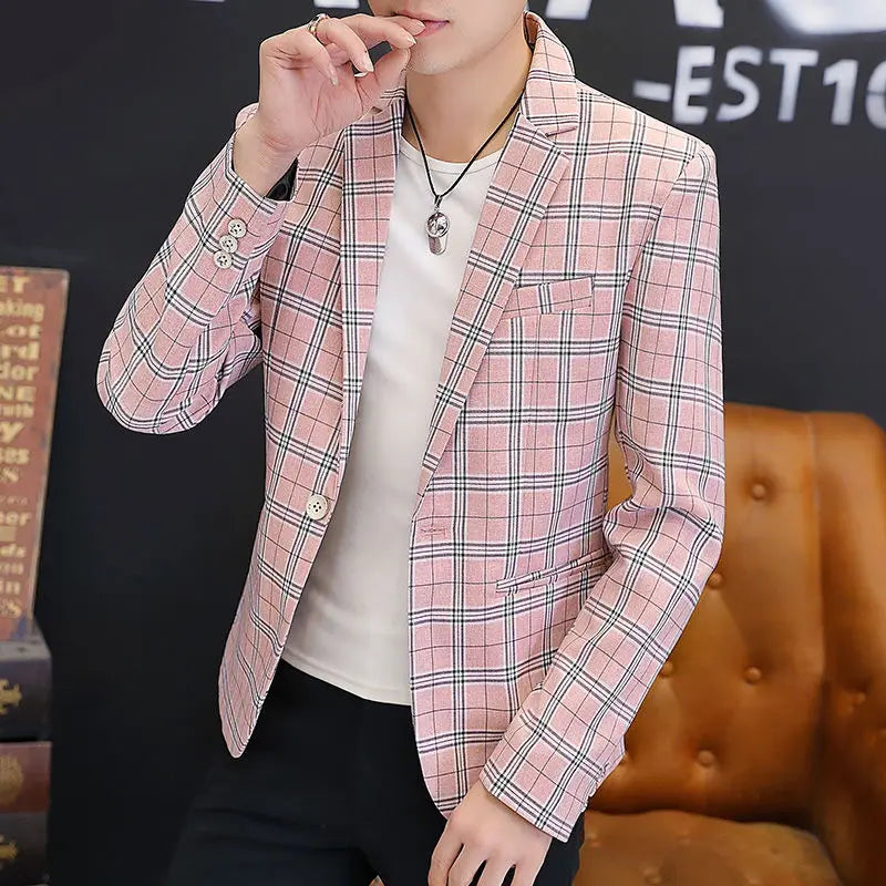 Men's slim fit striped plaid blazer by SHOWLU FASHION STORE, casual Korean style jacket with tailored fit and stylish pattern.