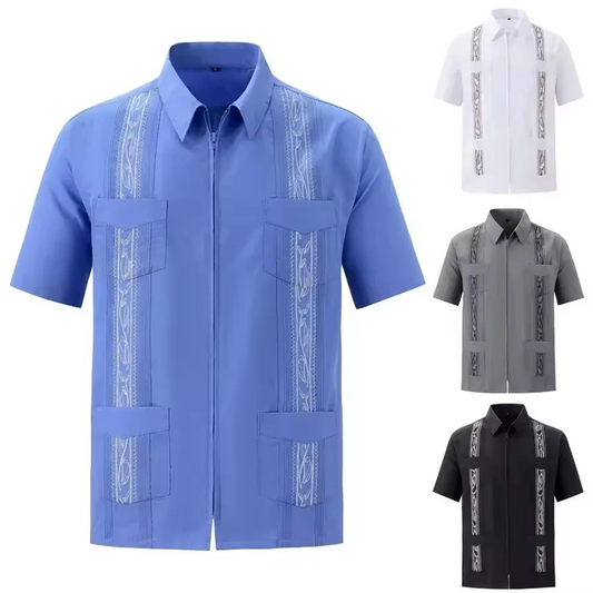 Fashion Zipper Men's Guayabera Shirts Four Pocket Embroidered Traditional Short Sleeve Shirts for Men Mexican Cuban Shirts