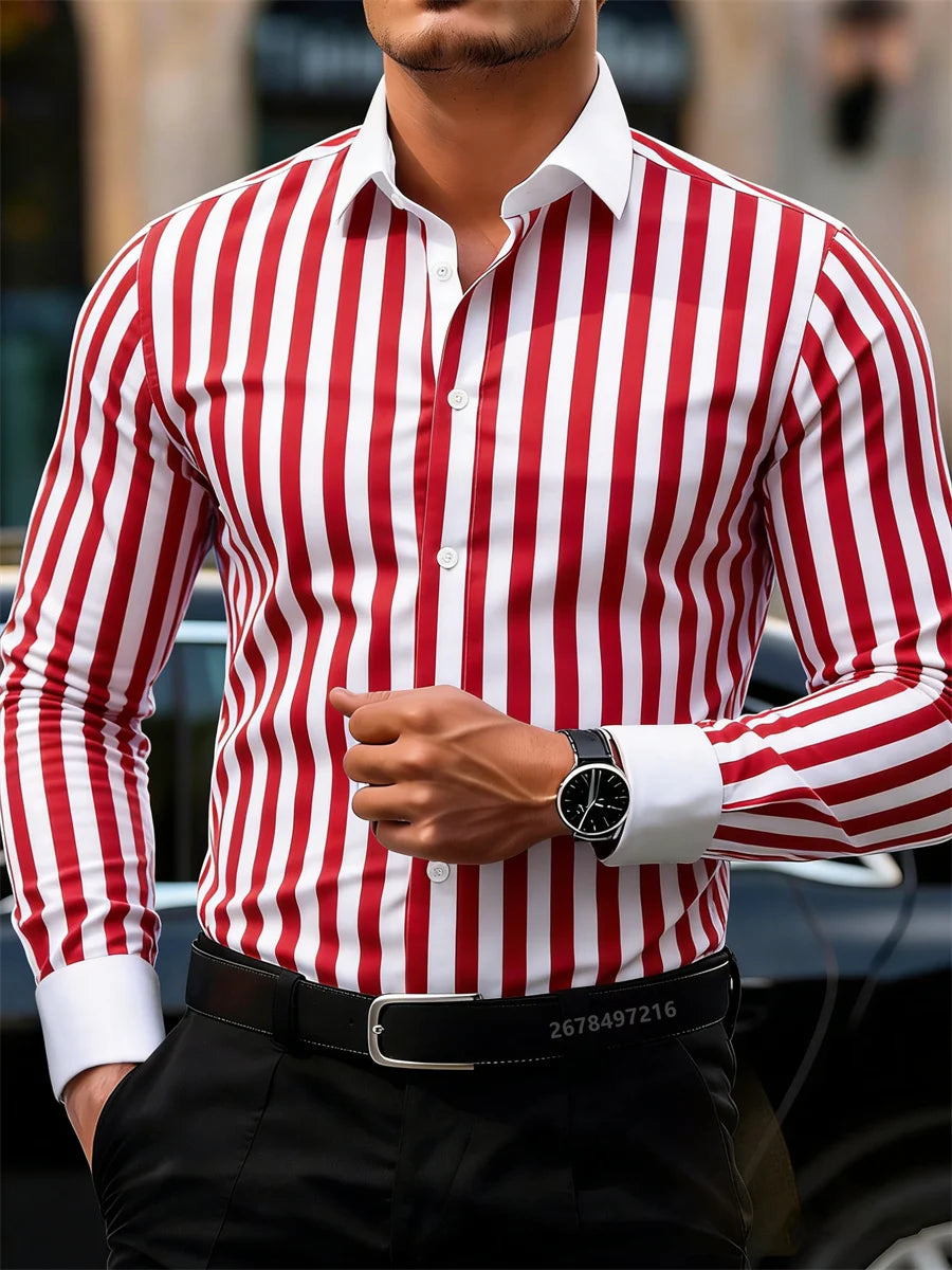 Men's striped business casual long-sleeved shirt with lapel and contrasting color splicing, stylish men's casual top by Showlu Fashion.