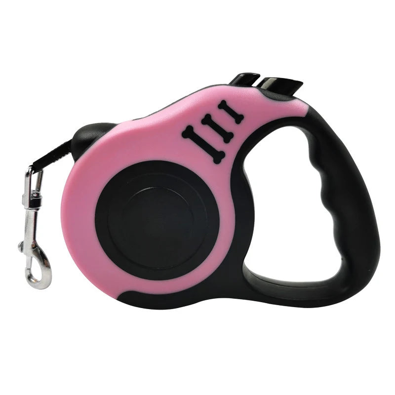 Durable nylon retractable dog leash for small dogs, 3m or 5m length, suitable for outdoor walking and hiking, with automatic retraction.