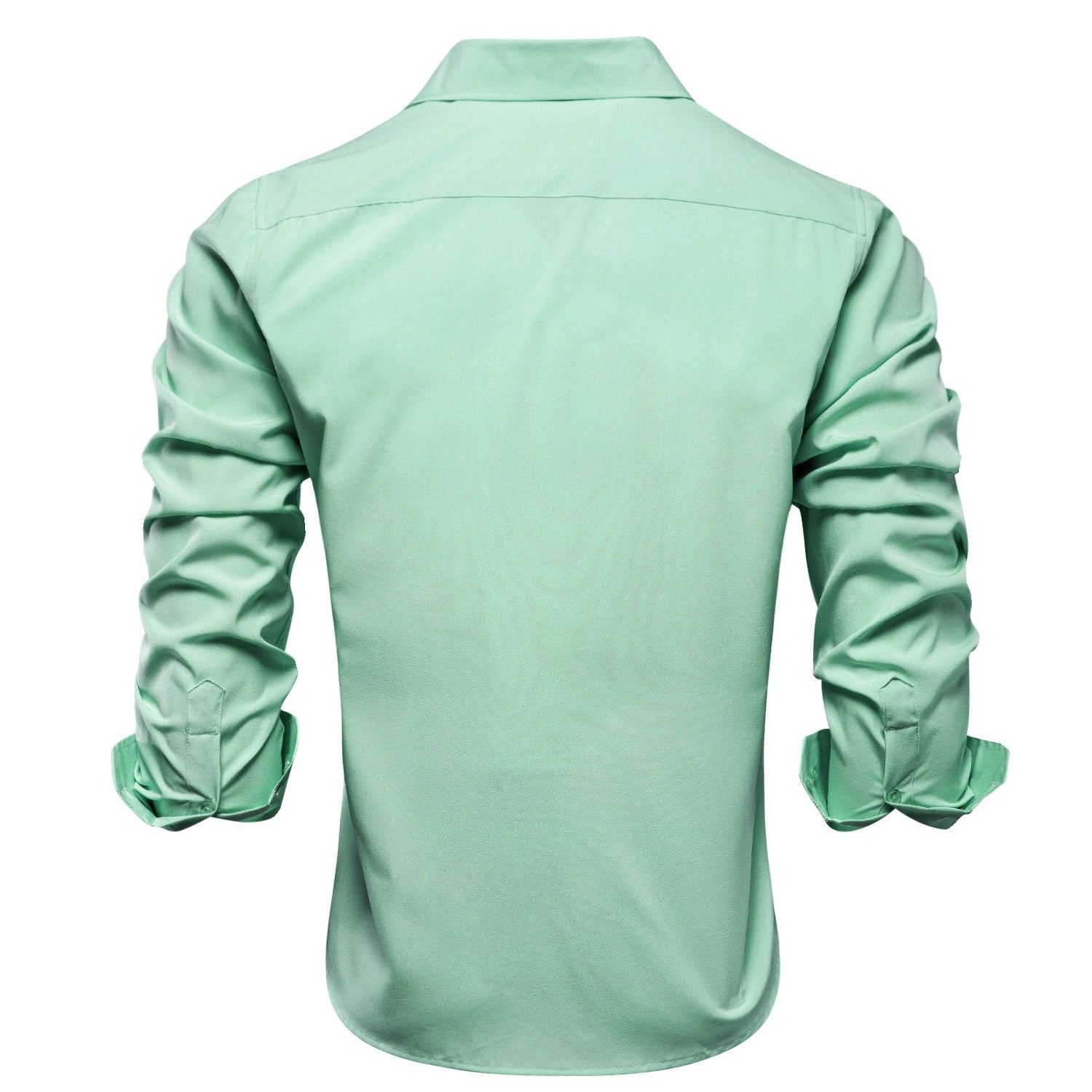 Blue silk men's long sleeve dress shirt with lapel collar, suitable for business, wedding, or formal occasions.