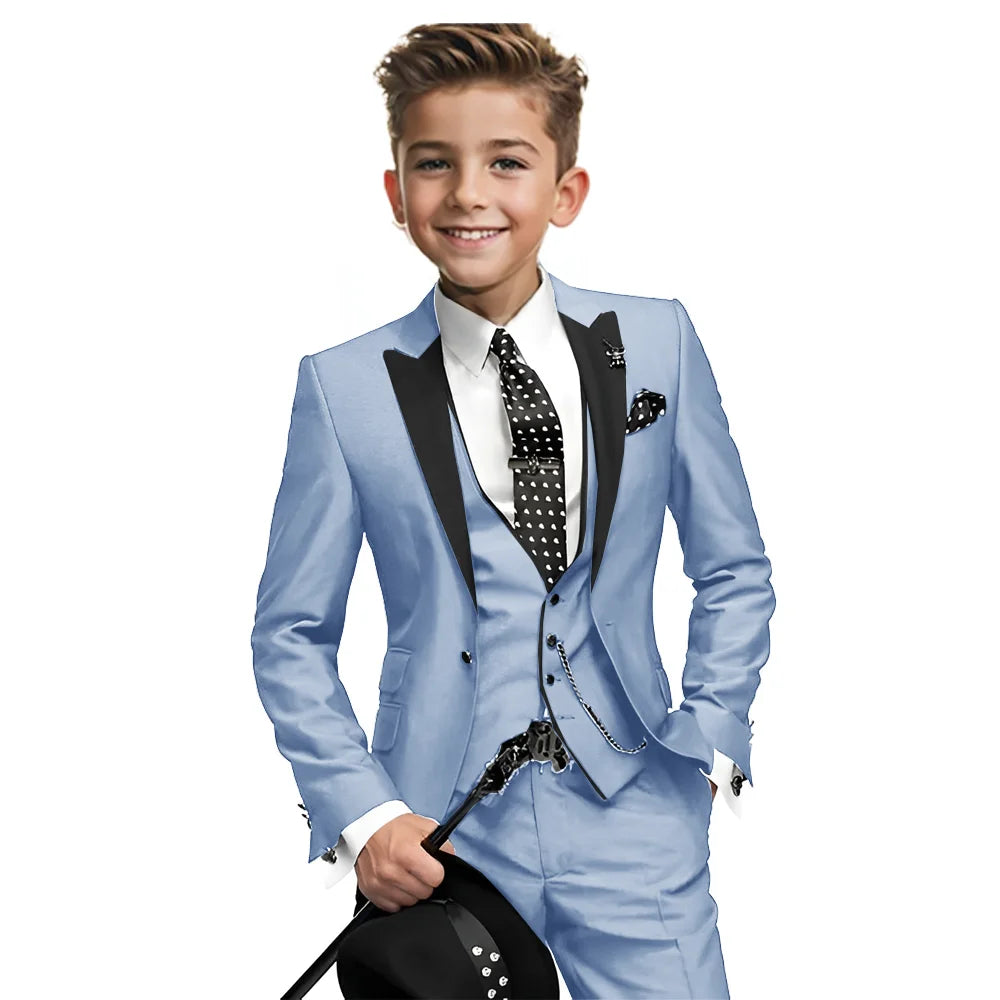 Navy blue boys tuxedo 3-piece suit with blazer, pants, and vest, suitable for formal weddings and events for ages 2-16.