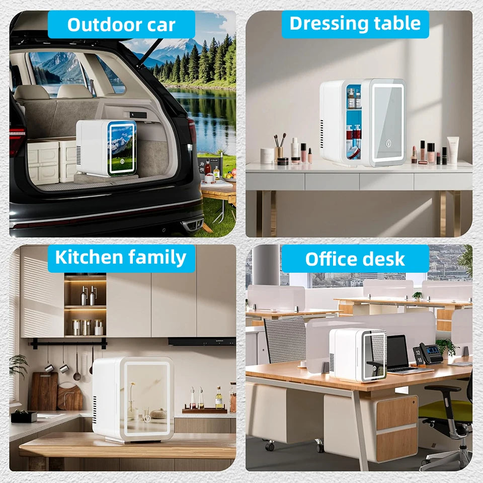 Portable Showlu Smart General makeup fridge with compact design, white exterior, and digital control panel for cooling cosmetics.