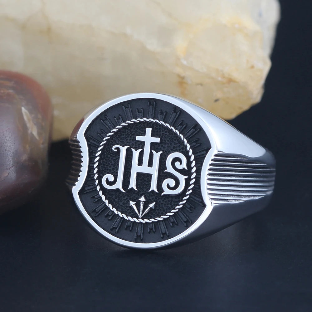Sterling silver Christian band ring featuring Jesus Christ Chi Rho IHS symbol, designed by TEECOIC for spiritual significance.
