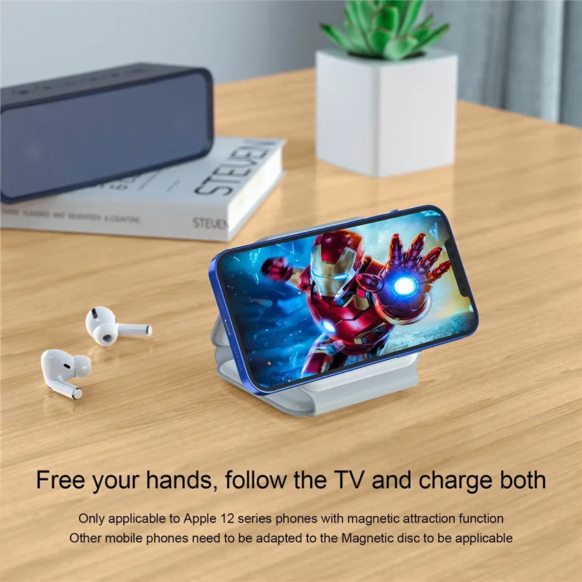 Showlu Smart General 3-in-1 wireless charging station with space for phone, smartwatch, and earbuds on sleek charging pad.