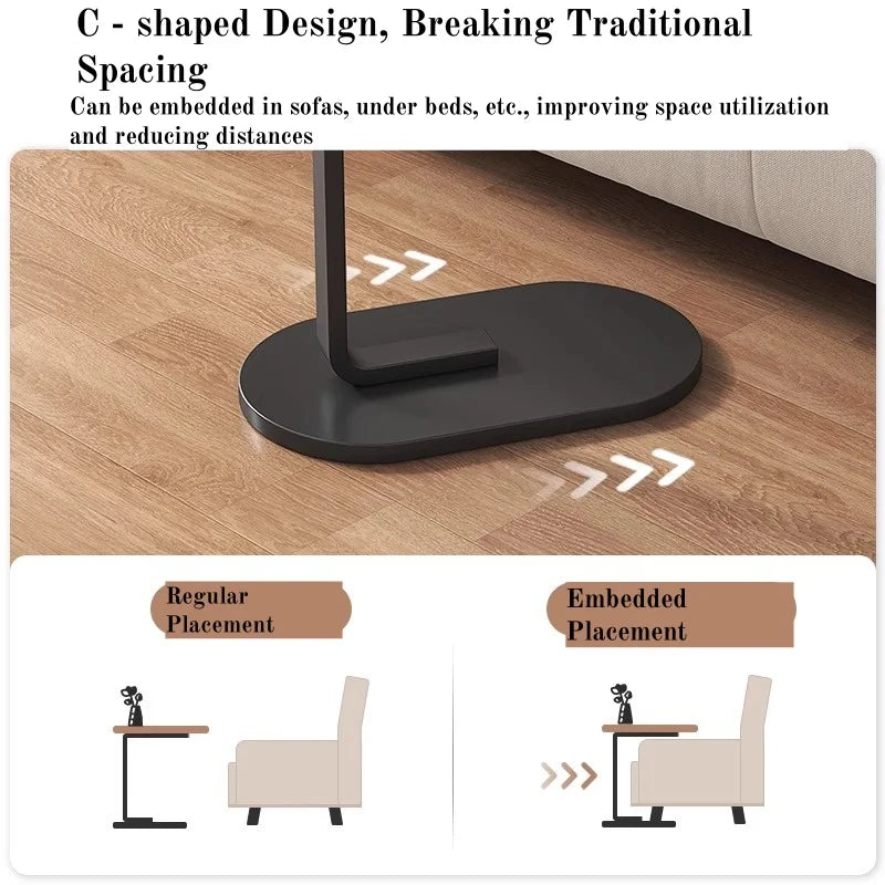 Portable adjustable folding side table with wooden surface, ideal for laptop use, home office, or bedside.