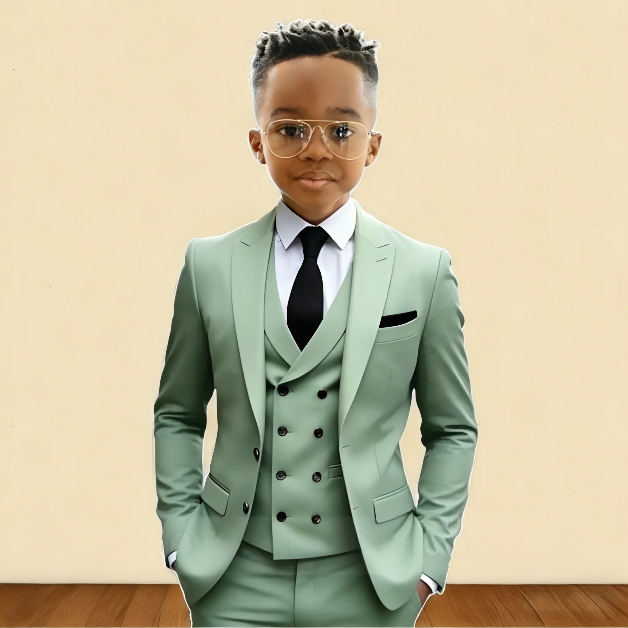 Mint Green 3 Pieces Flower Boy's Slim Fit Formal Suit Set for Wedding Prom Dinner Party Kids Uniform Tuxedos Blazer Vest Pants