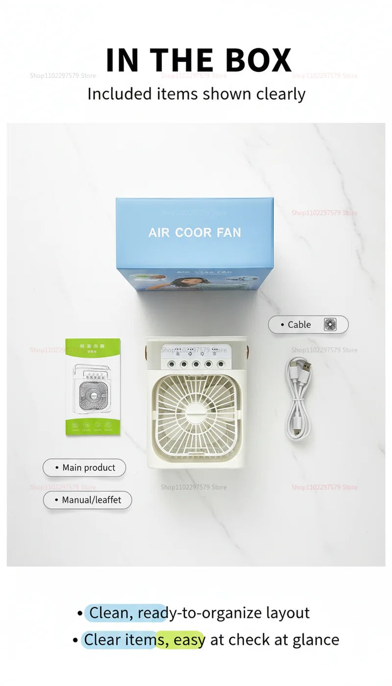 Showlu Smart General portable USB air cooler fan with 3-speed settings, mini water mist humidifier, LED lights, desktop cooling fan