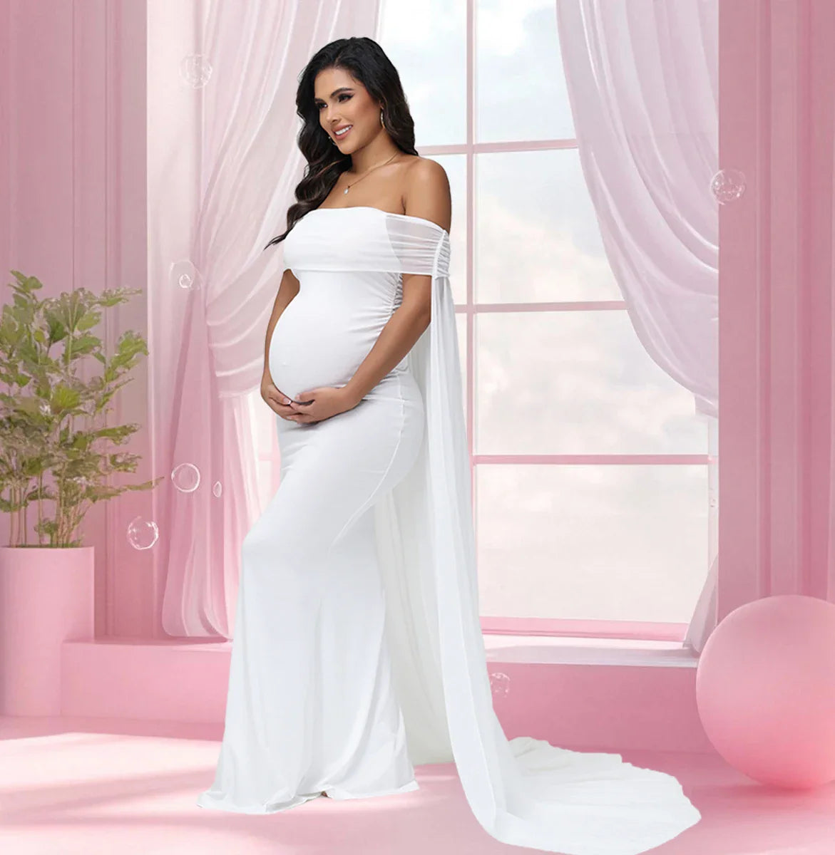 Showlu maternity photography dress made of mesh chiffon, featuring a flowing maxi gown ideal for photoshoots