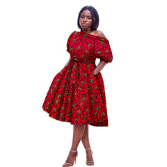 African Ankara Printed Fabric Women's Strapless Loose Dress Sexy Waistband Bubble Sleeve Dress 2425079