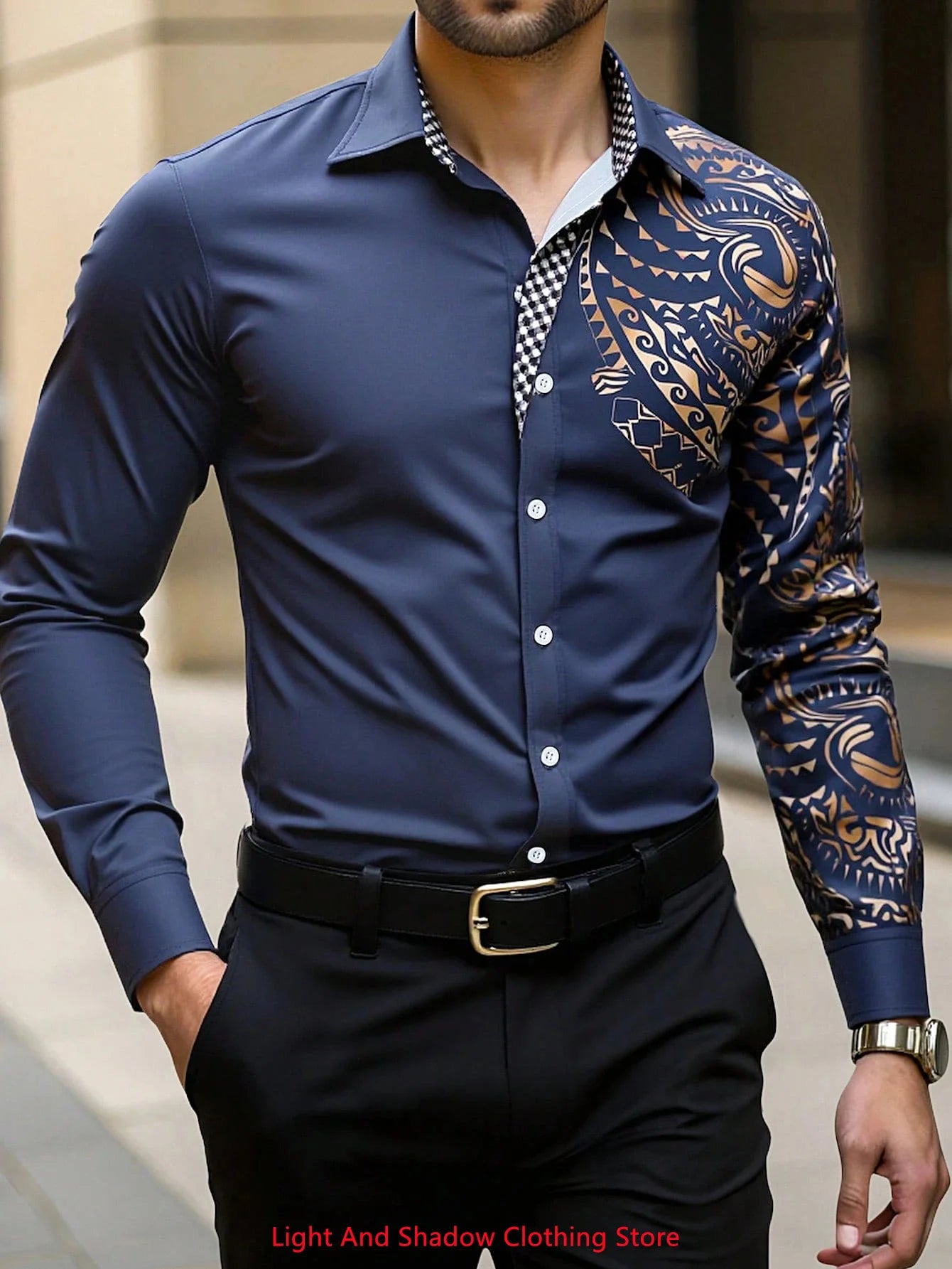 Men's stylish business casual long sleeve shirt with printed collar, comfortable fit, suitable for social parties, by Showlu Fashion Store