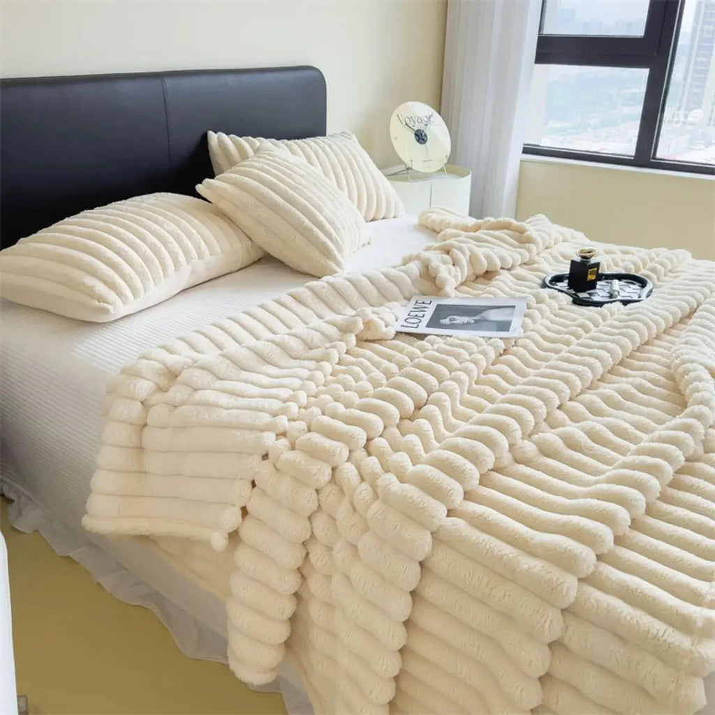 Showlu Fashion striped polyester blanket with thickened bed sheet and nap cover, featuring a cozy, soft fabric in various colors.