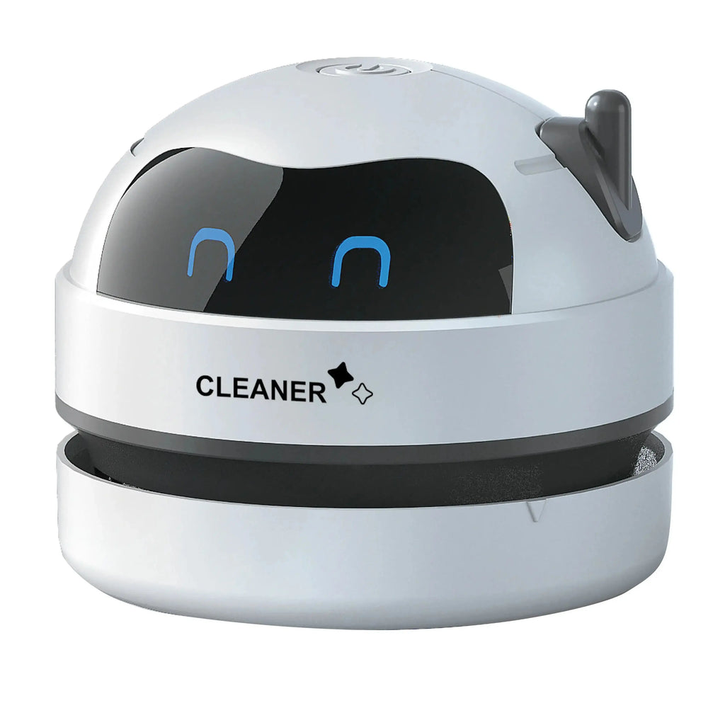 Mini USB robot desk vacuum by Showlu Smart General cleaning dust from a desktop surface with a compact robot design.