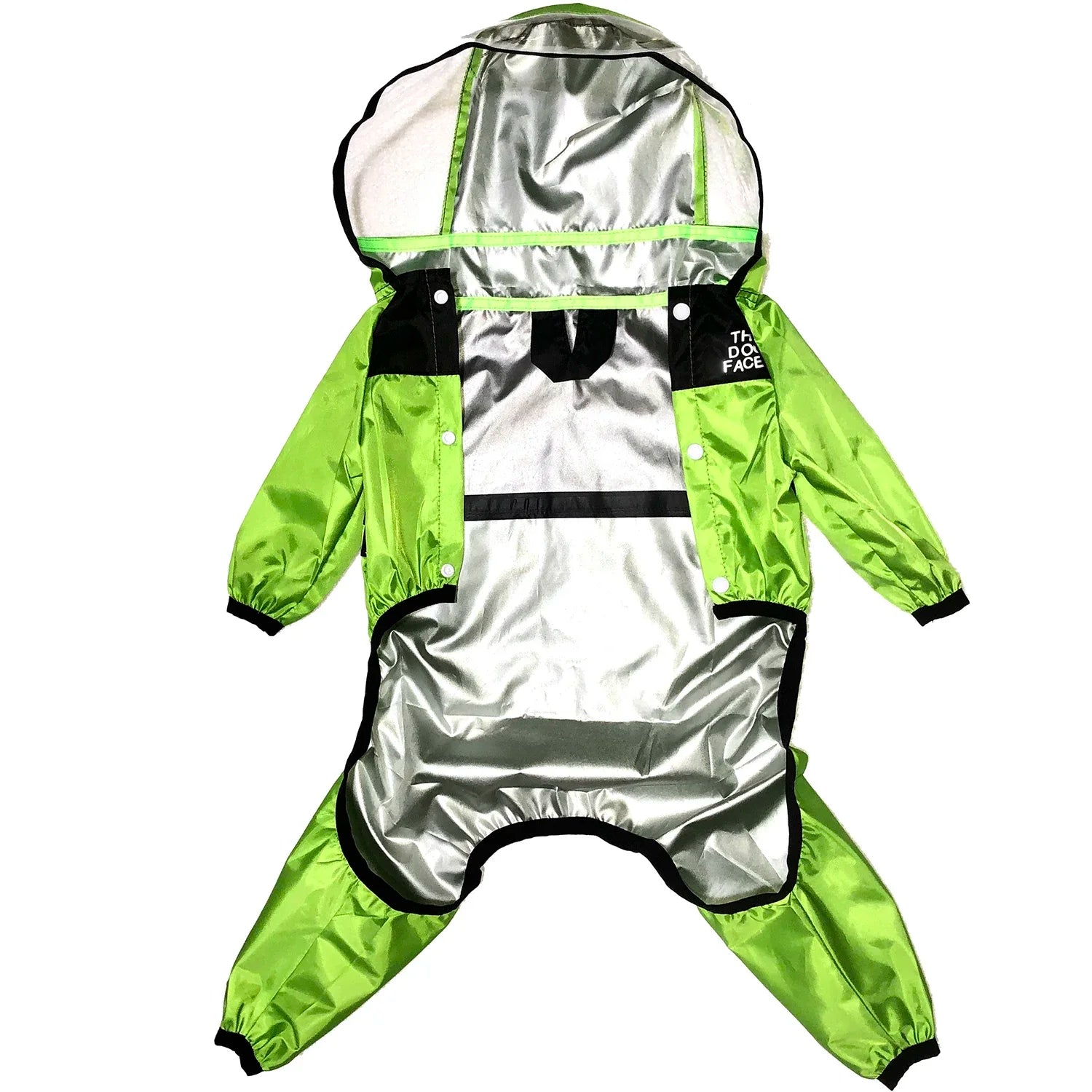 Transparent waterproof dog raincoat with hood, made of polyester, designed for pets to stay dry in rainy weather.