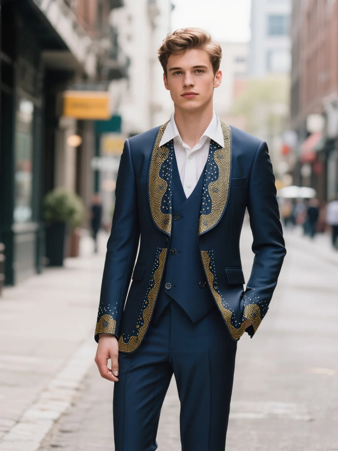 Showlu Men's beaded slim fit wedding suit, 3-piece groom tuxedo set with detailed beading, tailored fit, and elegant style.