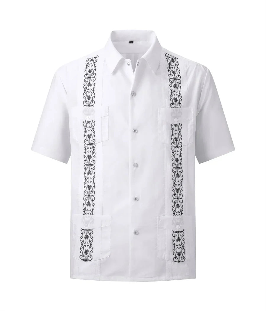 Men's white guayabera shirt with embroidered Cuban style, featuring traditional design and lightweight fabric from Showlu Fashion.