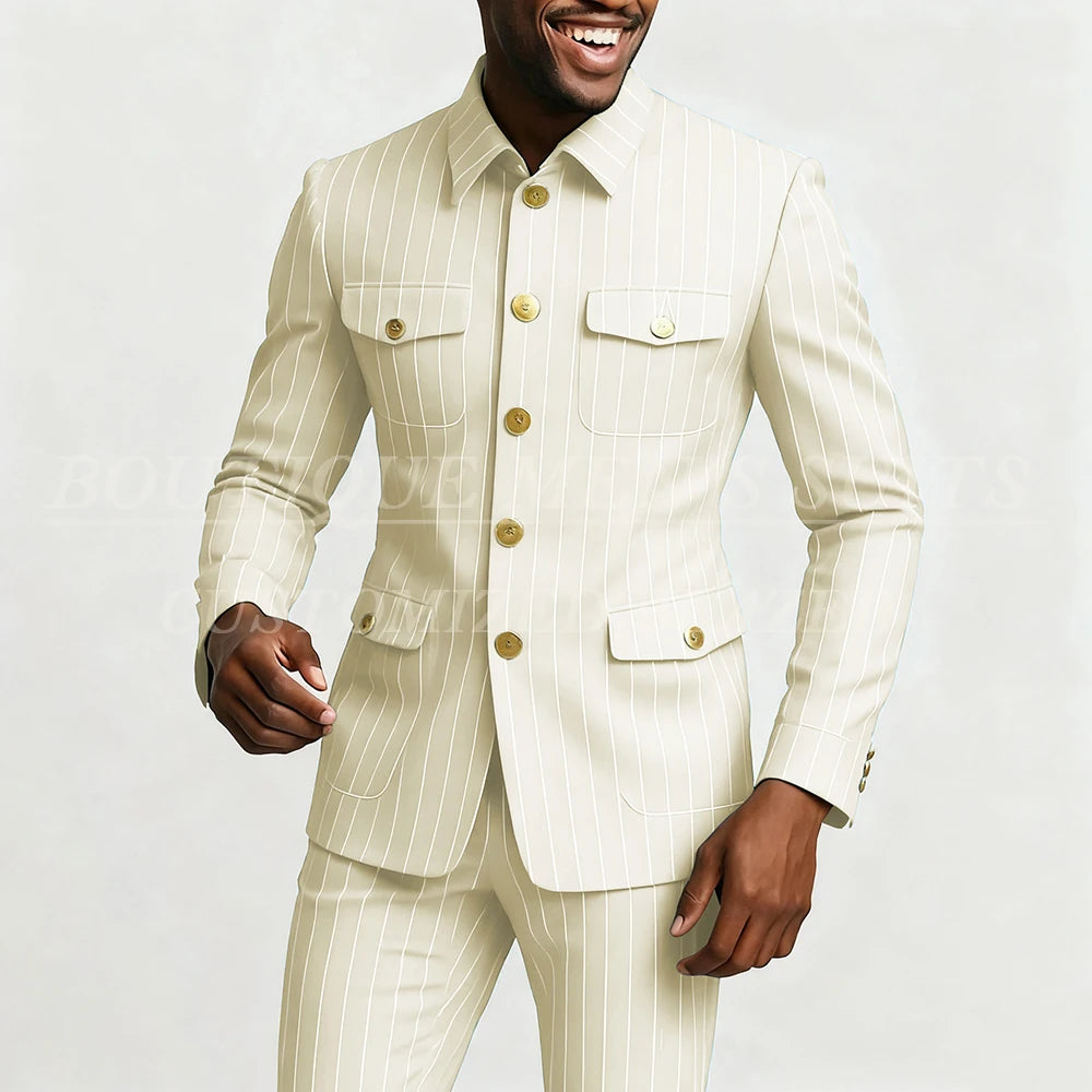 Elegant men's pinstripe suit by Showlu Fashion with single-breasted jacket and slim-fit pants, stylish stand lapel for formal wear