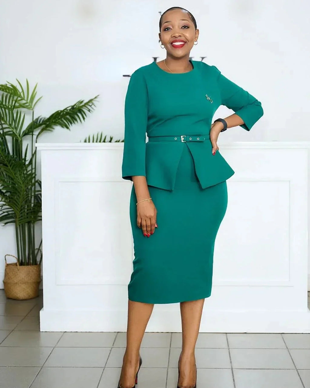 Aimee women's peplum church dress by SHOWLU FASHION STORE, long sleeve midi African gown with elegant design and vibrant fabric.