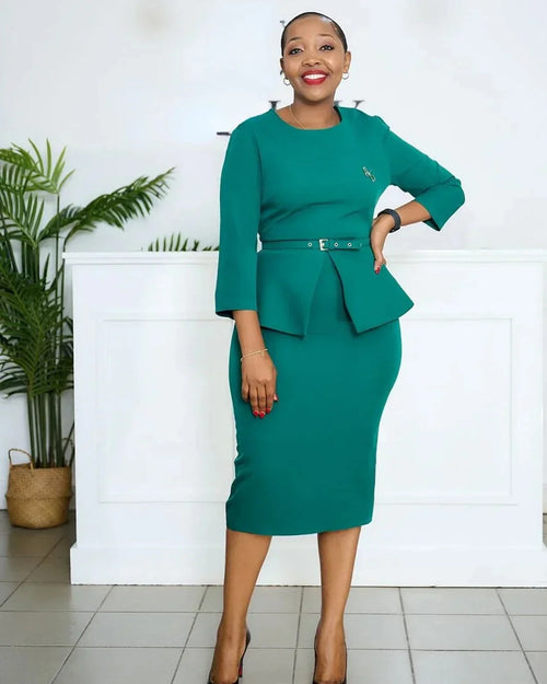 Aimee women's peplum church dress by SHOWLU FASHION STORE, long sleeve midi African gown with elegant design and vibrant fabric.