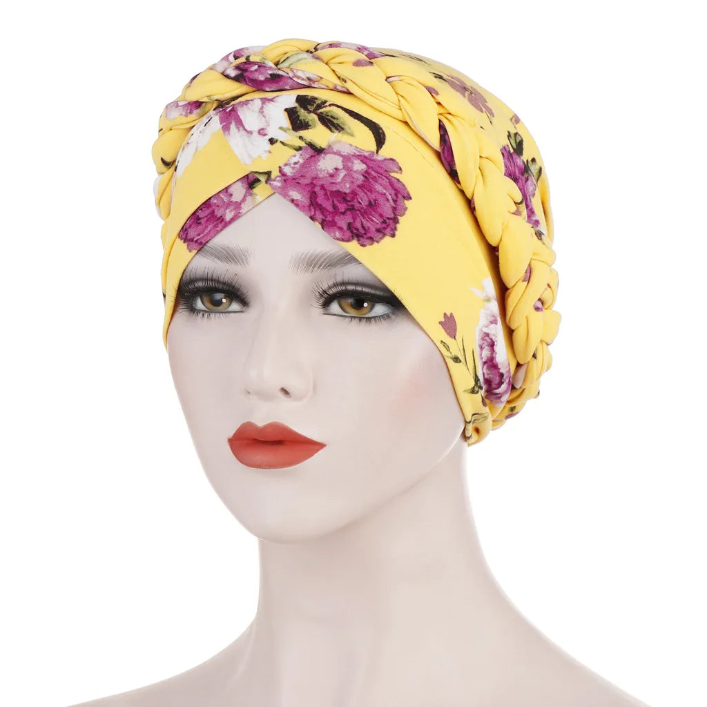 European and American print leopard hair silk scarf hat with flower accents, short braid, Muslim hijab style for women.