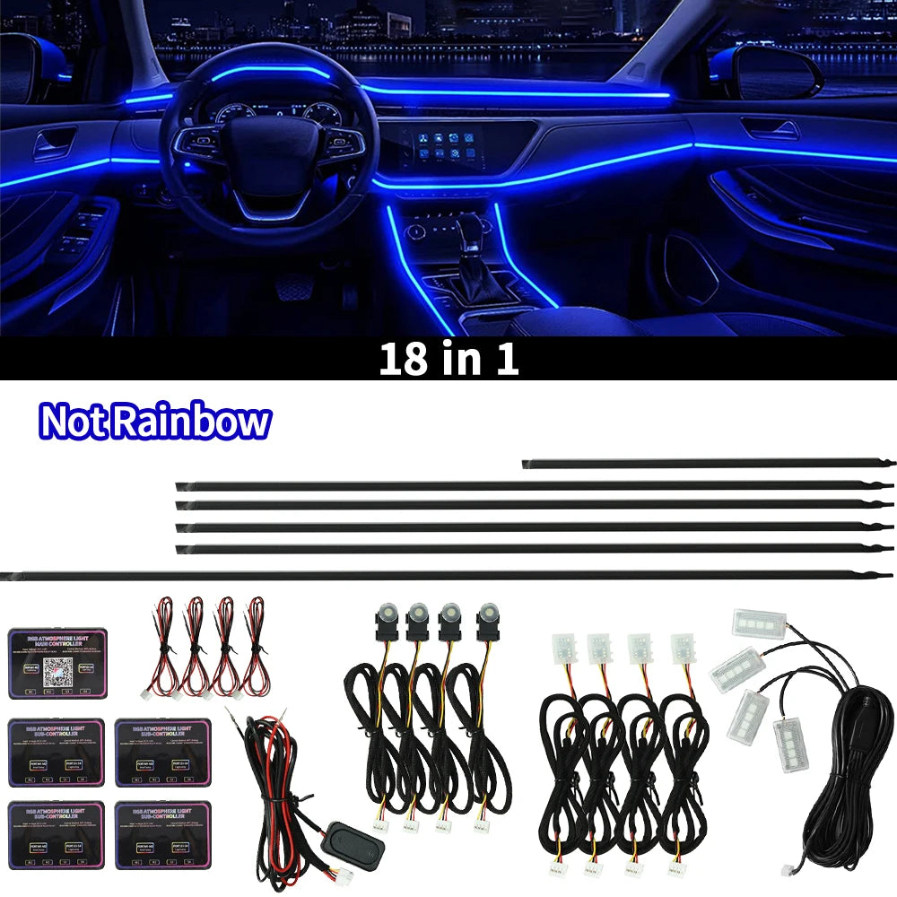 RGB car ambient light strip by Showlu Smart General, 18-inch length, app-controlled colorful LED lighting for vehicle interior.