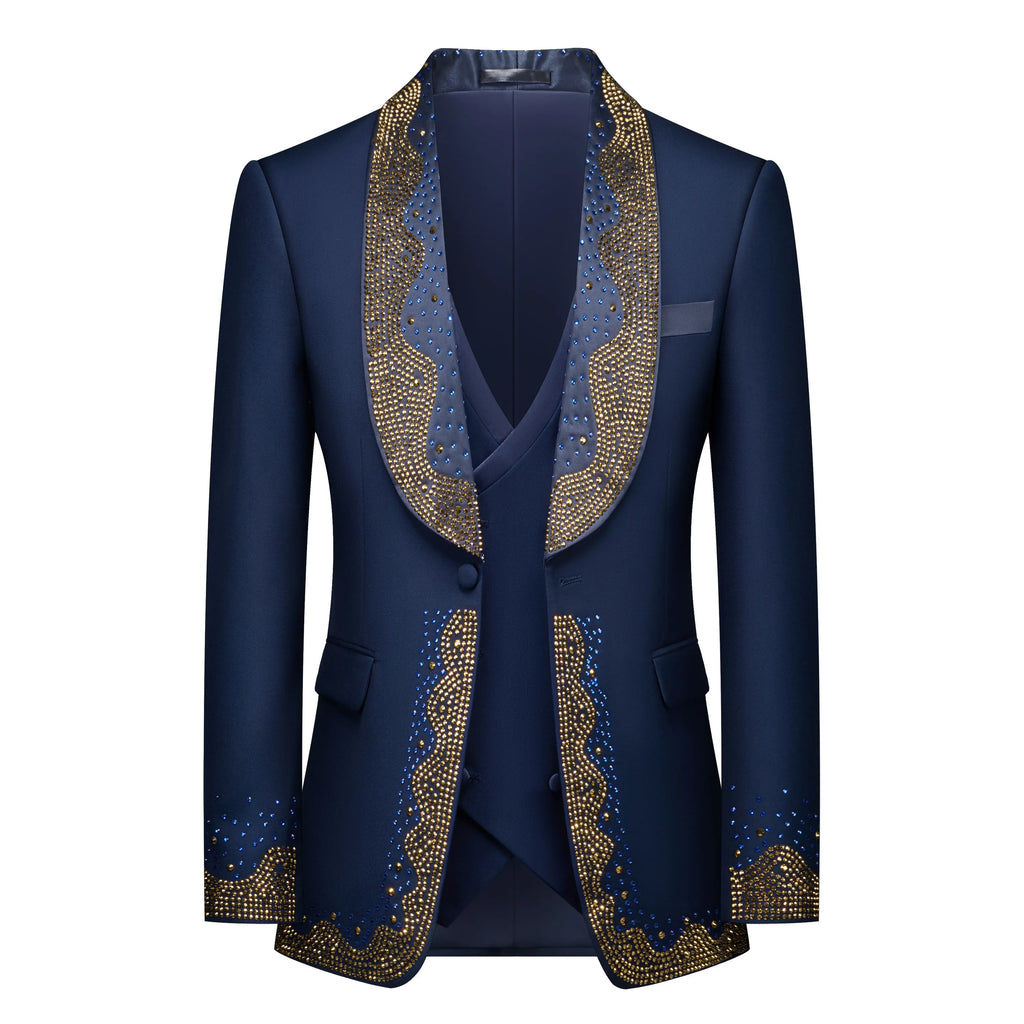 Showlu men's beaded slim fit wedding suit, 3-piece groom tuxedo set with tailored jacket, vest, and matching trousers.