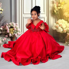 Red Flower Girl Dresses For Wedding Satin Beaded With Bow Floor Length Kids Birthday Party First Communion Ball Gown Customized