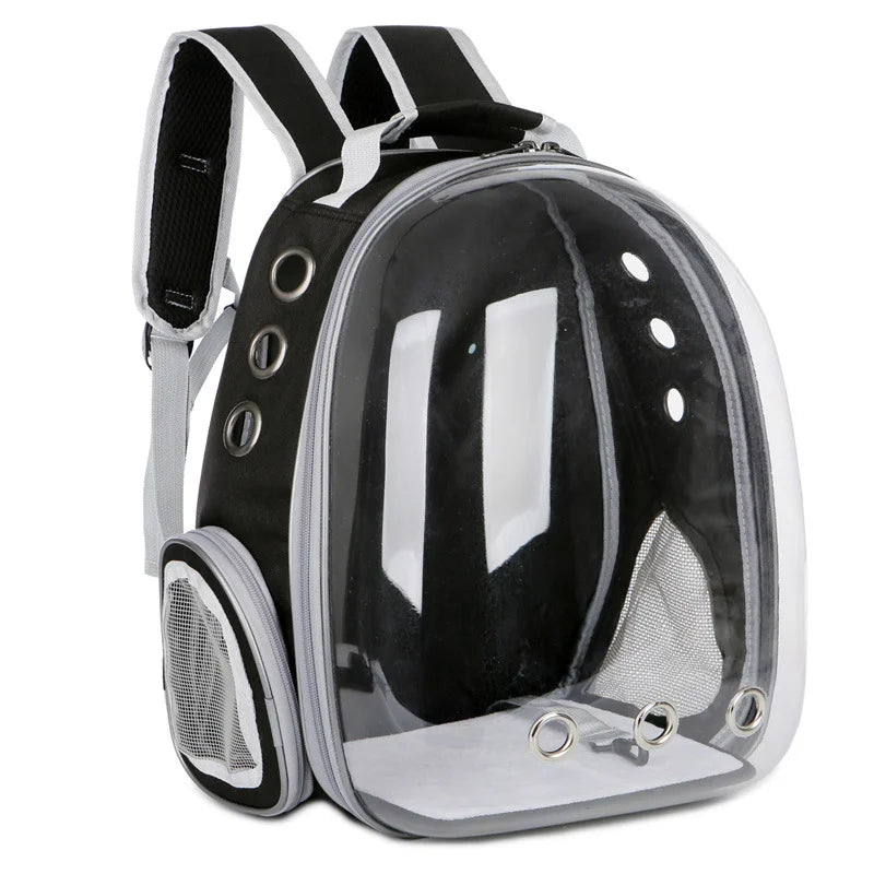 A black and transparent pet backpack carrier with mesh side panels and ventilation holes.