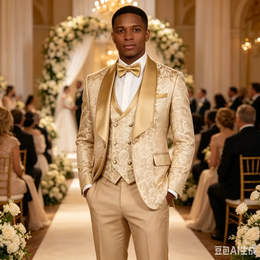 Elegant Champagne Jacquard 3-Piece Men's Tuxedo Formal Business Blazer with Shawl Lapel Wedding Groom Jacket Vest Pants Set